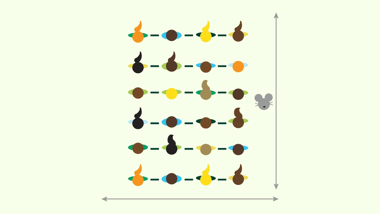 Diagram of a mouse navigating a grid of colored nodes connected by dashed lines, with horizontal and vertical double-headed arrows indicating dimensions.