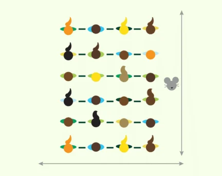 Diagram of a mouse navigating a grid of colored nodes connected by dashed lines, with horizontal and vertical double-headed arrows indicating dimensions.