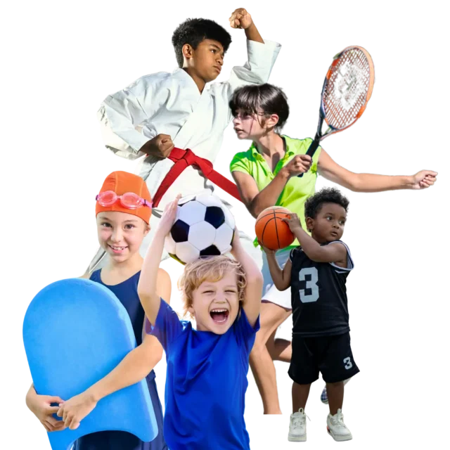 A group of children participating in various sports, including karate, tennis, swimming, soccer, and basketball—with each activity highlighting a positive ag impact—isolated on a white background.
