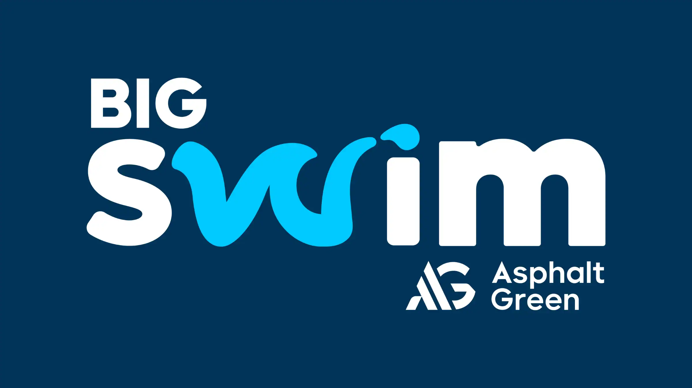 Logo for “Big Swim” with the word "swim" in bold, stylized blue and white letters; text “Asphalt Green” and its logo appear underneath on a dark blue background.