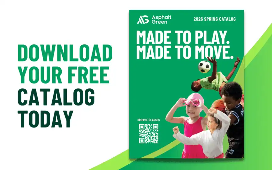 Promotional image for Asphalt Green’s 2026 Spring Catalog showing children playing sports, with text: “Join Our Programs—Download Your Free Catalog Today” and a QR code for browsing classes.