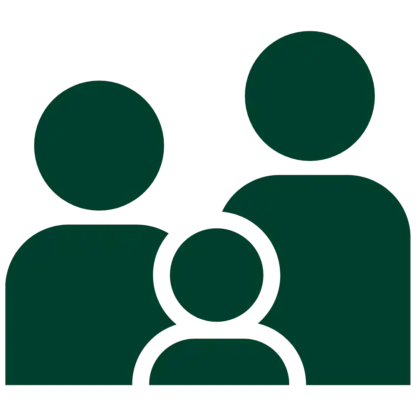 Simple green icon depicting three people, with two larger figures behind a smaller figure, suggesting a family or group and emphasizing water safety.