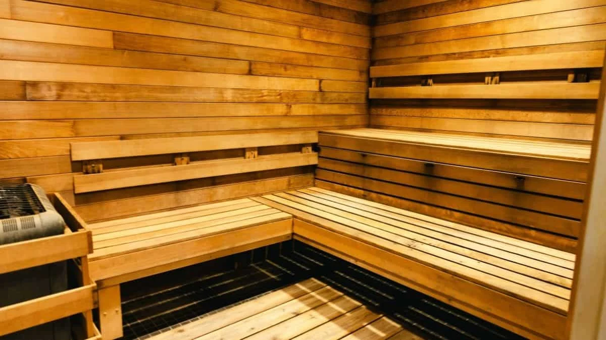 Interior of a wooden sauna with tiered bench seating and a heater.